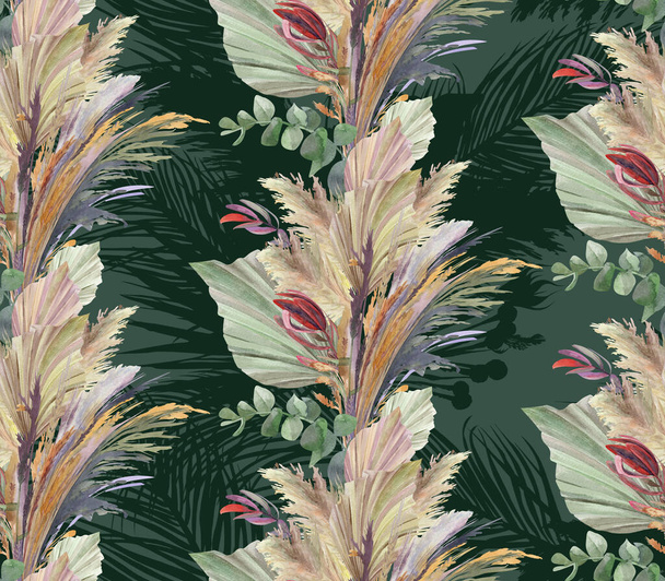 Бесшовный узор с пальмовыми листьями, пампасами и сушеными цветами на зеленом фоне - Фото, изображение