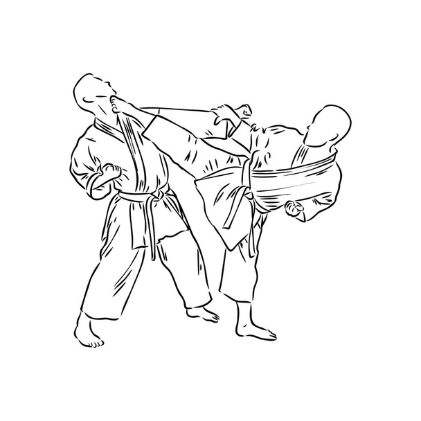 Καράτε τεχνική λάκτισμα απεικόνιση σκίτσο. Ασιατική πολεμική τέχνη αθλητισμού χέρι σχέδιο - Διάνυσμα, εικόνα
