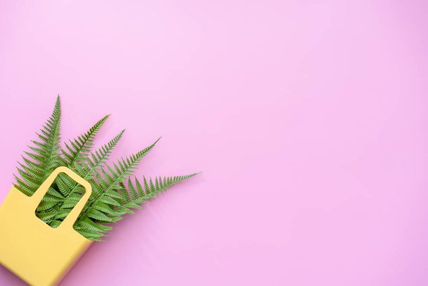 fern leaves in a yellow basket on a pink background, top view, flat lay - 写真・画像