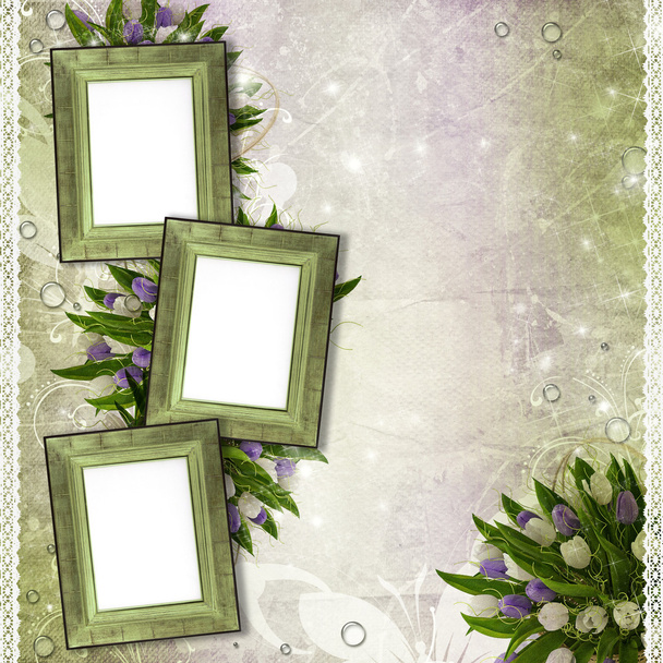 Wooden frames for photo with tulips, drops and lace (1 of set) - Photo, image