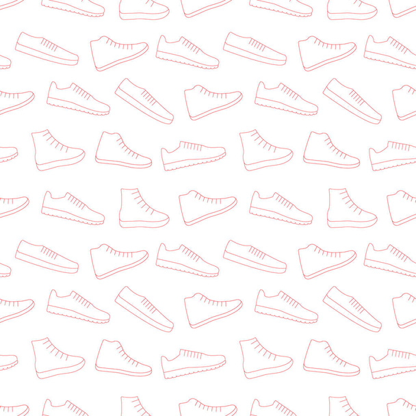 Red sneakers shoes vector background seamless repeating pattern. Men and women sport footwear. Thin line style. Editable template. - Vector, Image