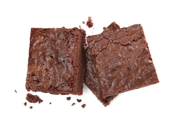 Delicious chocolate brownies on white background, top view - Photo, Image