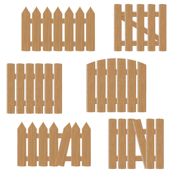 A set of Wooden Gates and fences made of boards of various designs, Vector illustration in Cartoon Style - Vector, Image