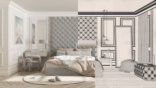 空間が古典的な寝室を示す実際になる間ペイントローラー塗装インテリアデザインの青写真の背景。コンセプトの前と後に、建築家のデザイナーの創造的な仕事の流れ - 写真・画像