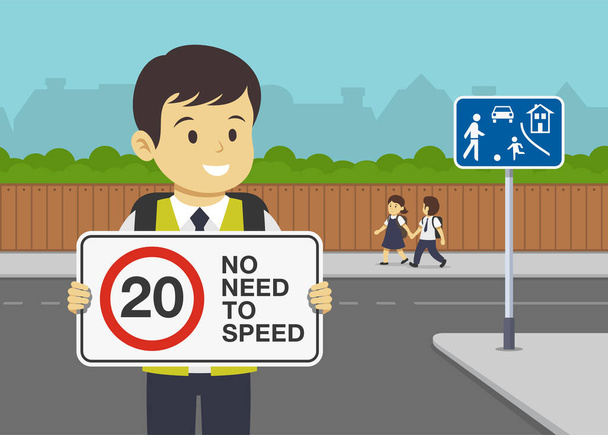 Κανόνες οδήγησης ασφαλείας. Το παιδί από το σχολείο υπακούει στο όριο ταχύτητας και δεν χρειάζεται να τρέχει προειδοποιητικό σήμα. Κατοικημένη περιοχή και ζουν δρόμο. Επίπεδο πρότυπο εικονογράφησης διανύσματος. - Διάνυσμα, εικόνα