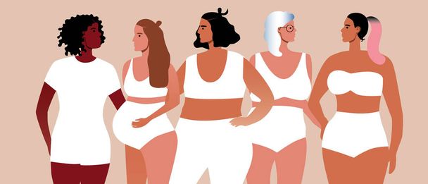 Women's group, different age and ethnic group. Flat vector stock illustration. Isolated people of different skin color, pregnant person. Body of women in underwear - Вектор, зображення