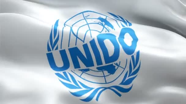 UNIDO-logo. Nationale 3d United Nations Industrial Development Organization logo zwaaien. Teken van UNIDO naadloze animatie. Vlag van de Organisatie voor Industriële Ontwikkeling van de Verenigde Naties HD-achtergrond - New York, 4 juli 2021 - Video