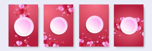 Valentine's day concept posters set. Vector illustration. 3d red and pink paper hearts with frame on geometric background. Cute love sale banners or greeting cards - Wektor, obraz