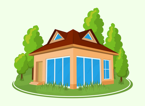 Summer landscape. 3D cottage icon surrounded by trees. - Vector, Image