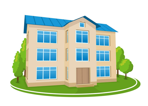 School with a green lawn. - Vector, Image