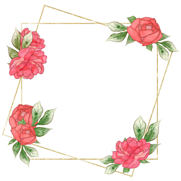 Geometrische goldene Rahmen mit Pfingstrosen Blumen Illustration. - Foto, Bild
