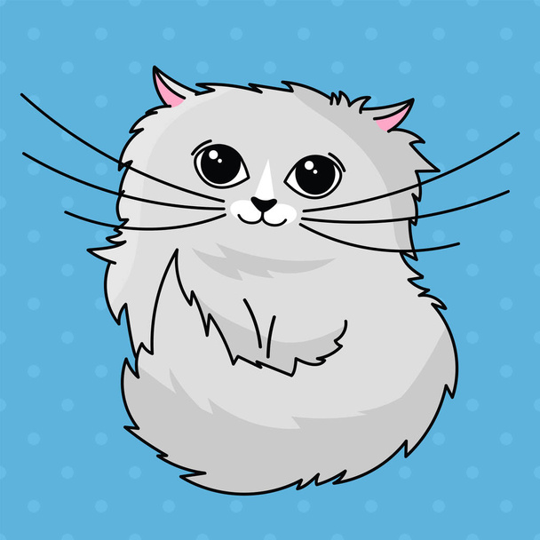 Hand drawn cute fluffy gray cat on blue background - Vektör, Görsel