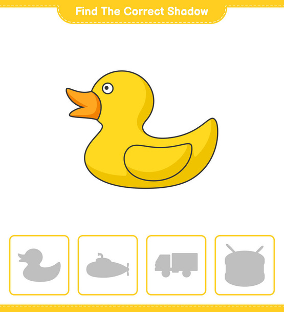 Find the correct shadow. Find and match the correct shadow of Rubber Duck. Educational children game, printable worksheet, vector illustration - Vector, Image