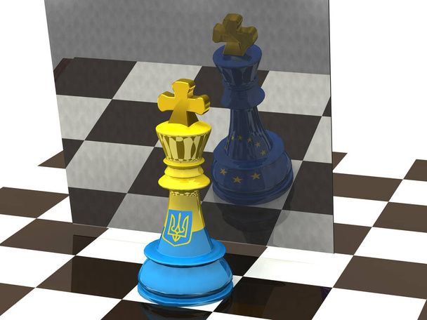 Peça de xadrez do rei em texturas com a bandeira da Ucrânia. No reflexo do espelho, uma peça de xadrez do rei com as texturas da bandeira da União Europeia é visível. Renderização 3d. - Foto, Imagem