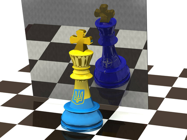 Peça de xadrez do rei em texturas com a bandeira da Ucrânia. No reflexo do espelho, uma peça de xadrez do rei com as texturas da bandeira da OTAN é visível. Renderização 3d. - Foto, Imagem