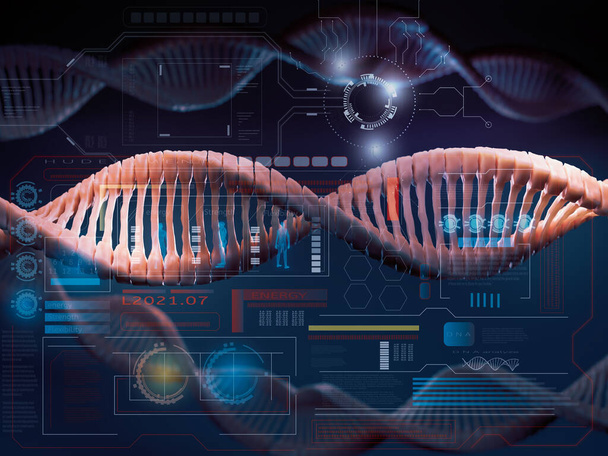Futuristisch wetenschappelijk laboratorium, abstract DNA structuur concept, moleculaire helix spiraal, medische, genetische biologie, analyse chromosoom, DNA chromosoom genetisch menselijk, gen cel donkere achtergrond, 3d render - Foto, afbeelding