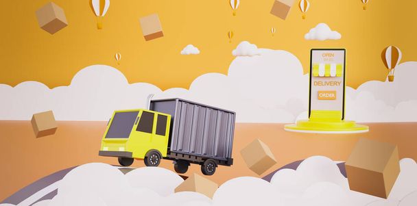 Online delivery service smartphone application technology,online shopping concept from mobile,paper cut,art cartoon style,order tracking on mobile,sky and cloud background,3d rendering illustration - Photo, Image