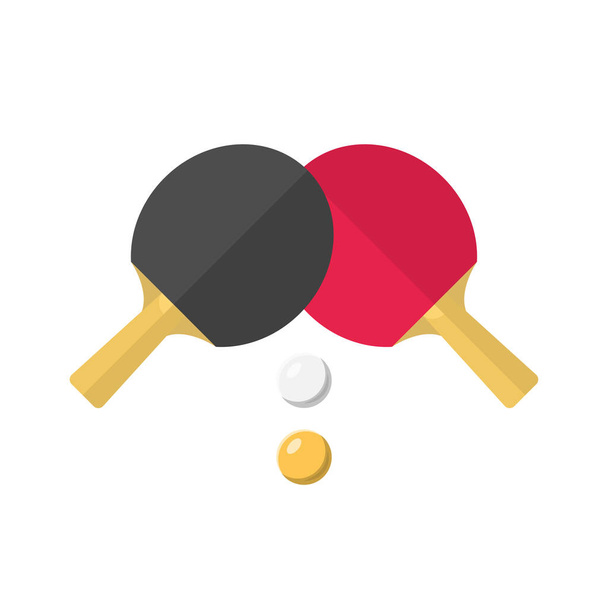 Ping pong e ping pong illustrazione piatta. Paddle nero e rosso con palline bianche e gialle Icona brillante Design su sfondo bianco isolato - Vettoriali, immagini