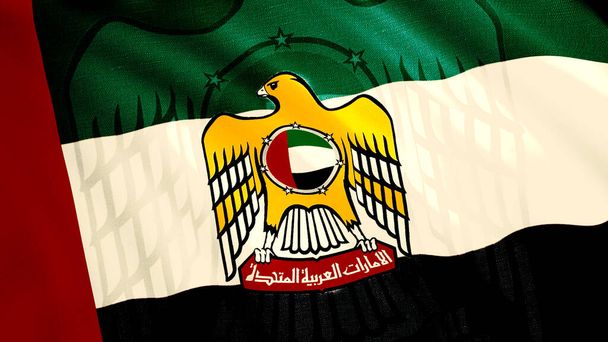  Brasão de armas dos Emirados Árabes Unidos. Moção. Um brasão de armas brilhante com uma águia no meio em uma tela colorida. - Foto, Imagem