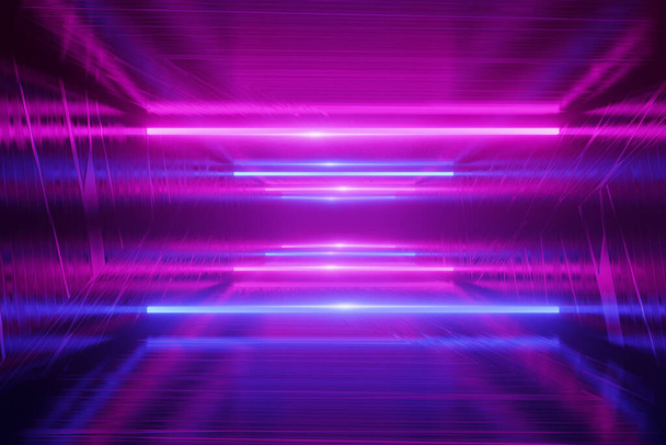 Banner de brillo cyber punk, 3d render illustration fondo oscuro, futurista ciencia ficción abstracta azul y púrpura luz de neón, línea brillante, luz láser de neón violeta, túnel, corredor, escena de realidad virtual  - Foto, imagen