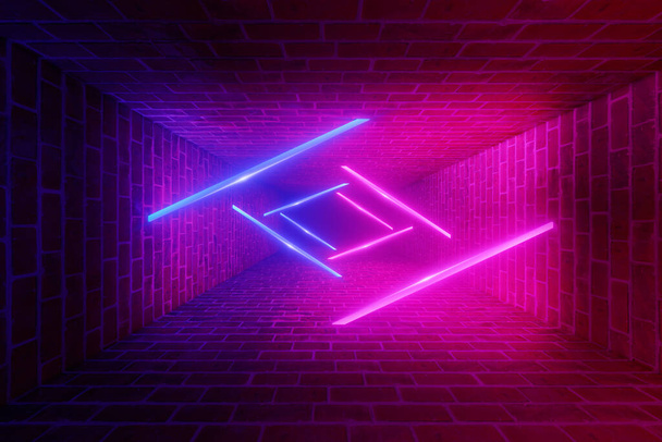 Cyber punk gloeien donkere baksteen achtergrond, futuristische Sci-Fi abstract blauw, paars neon licht, gloeiende lijn, violet neon laser licht, tunnel, gang, virtual reality scene, banner 3d weergave illustratie - Foto, afbeelding