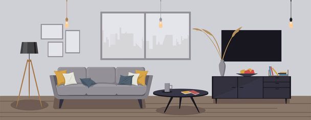 Modern house interior background. Cozy apartment furnished with a sofa, table, shelf with books and flowerpots, TV, paintings and lamps in cartoon vector style. - Вектор,изображение