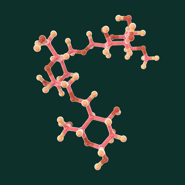 Pullulan molecola, illustrazione 3D. Polisaccaride polimerico costituito da unità maltotriose, utilizzato nella produzione di prodotti per l'igiene orale, nanomateriali a base di pulegge con attività antimicrobica - Foto, immagini