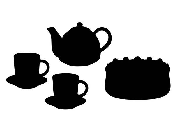 A mug and a cake with a teapot in a set. Vector image. - Wektor, obraz