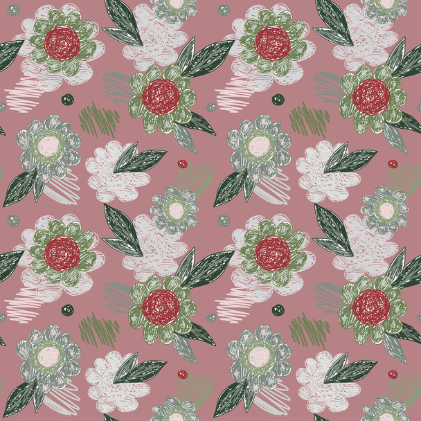 Creative decorative flowers seamless pattern. Doodle botanical texture. Chalk flower background. Design for fabric, textile print, wrapping, cover. Simple vector illustration - Vektör, Görsel
