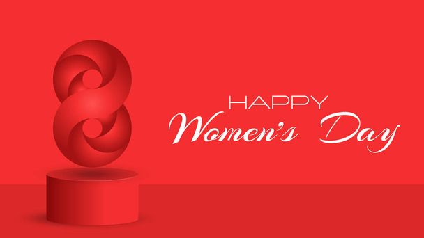 8. března Happy Women is Day slavnostní 3D scéna v místnosti pro blahopřání maketa dekorace s textem, kompozice osm čísel na válcovém pódiu se stínem na červeném izometrickém pozadí. - Vektor, obrázek