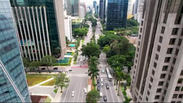 Firmengebäude an der berühmten Avenida Faria Lima in der Innenstadt von Sao Paulo Brasilien. Bürogebäude des Finanzzentrums am Wahrzeichen der Innenstadt. Stadtlandschaft aus der Luft. - Filmmaterial, Video