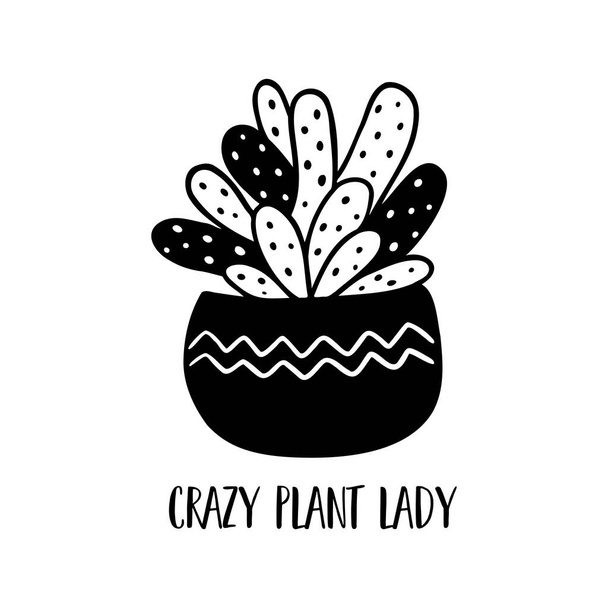 Urban jungle, black succulent plant in pot. House plant graphic element isolated. Hand drawn succulent flower illustration. Funny plant phrase Crazy plant lady. Funny sticker. - Photo, Image