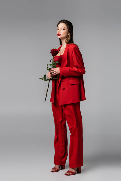 in voller Länge junge Frau im trendigen roten Anzug mit Rose im Stehen auf dunkelgrau - Foto, Bild
