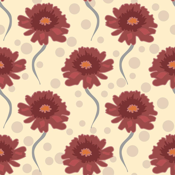 Cream and maroon vector repeatable large floral pattern on a dotted background - Вектор, зображення