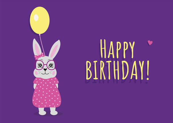 Vector happy birthday card with a hare and a balloon. Girl's birthday - Vector, Image