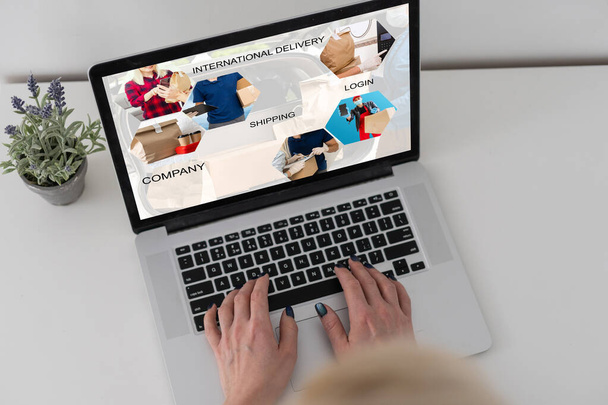 Online e-commerce winkel, dropshipping business website concept. laptop computer, verzenddozen, retail marktplaats, magazijn levering achtergrond, banner. - Foto, afbeelding