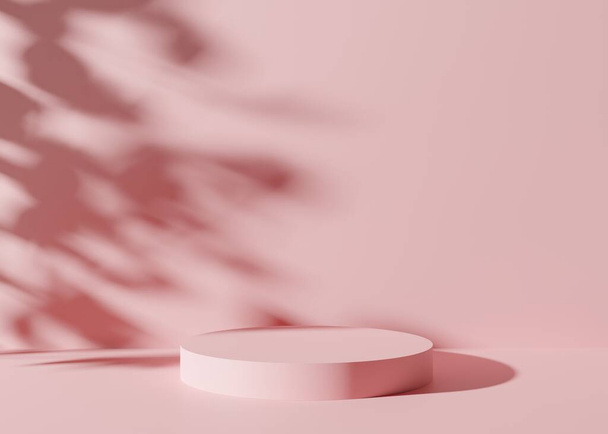 Rózsaszín pódium levelek árnyékok a rózsaszín háttérben. Elegáns dobogós termék, kozmetikai bemutató. Gúnyolódj! Piedesztál vagy platform szépségápolási termékek. Üres jelenet. 3D renderelés. - Fotó, kép