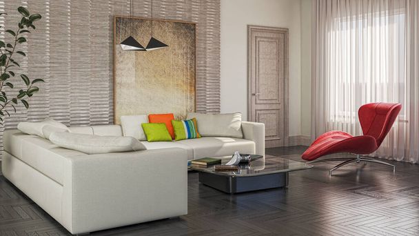 Ilustrace 3D vykreslování velké luxusní moderní světlé interiéry Obývací pokoj mockup počítač digitálně generovaný obraz - Fotografie, Obrázek