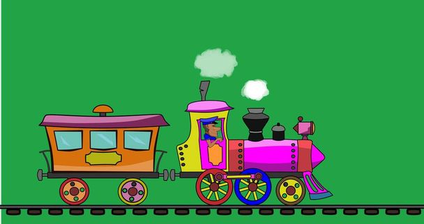 A gőzmozdony egy vagont vezet és vonszol az utasoknak. Egy sapkás férfi irányít. Élénk animáció. Fehér füst jön ki a kéményből. Mozog a vasút. A háttér zöld.. - Fotó, kép