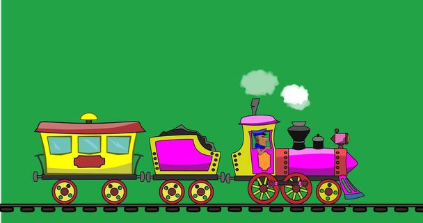 Para lokomotywa jeździ i ciągnie jeden wagon dla pasażerów. Człowiek w czapce kontroluje. Zapętlona animacja. Biały dym wychodzi z komina. Kolej się rusza. Tło jest zielone.. - Zdjęcie, obraz