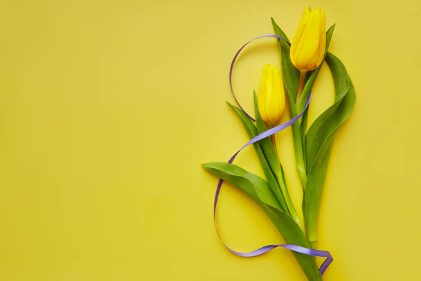 Tarjeta postal del Día de la Mujer. Tulipanes amarillo primavera con cinta púrpura sobre fondo amarillo. Romántico, cumpleaños, día de la madre, bandera del día de la mujer o postal de invitación. Copiar espacio - Foto, imagen