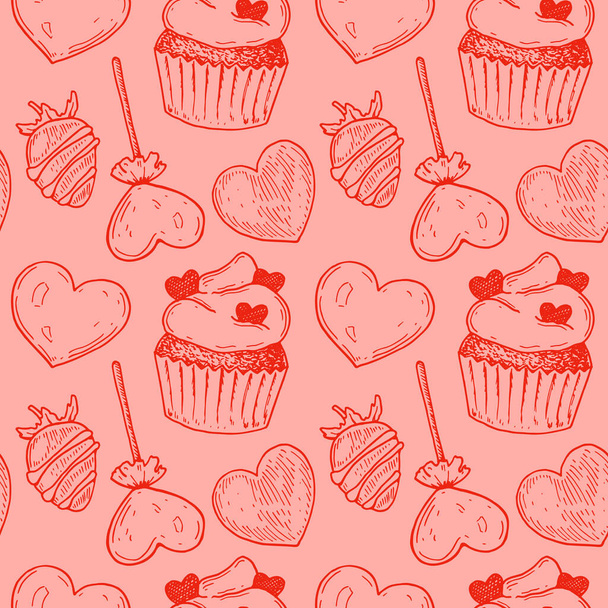 Hand drawn Valentines Day seamless pattern. Vector illustration in sketch style - Vector, afbeelding