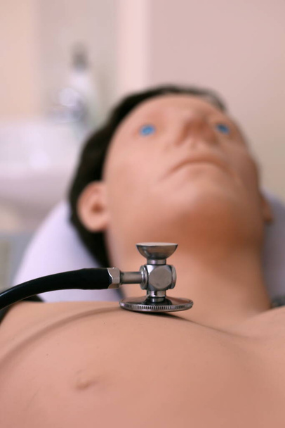 medische testpop voor auscultatie van hart en longen, testpop en stethoscoop - Foto, afbeelding