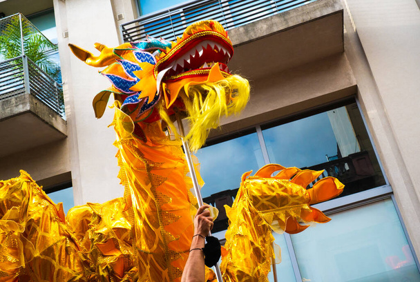 05 February. 2022 Buenos Aires Argentina:Chinese symbol Dragon during the celebration of the Chinese New Year in Buenos Aires - Zdjęcie, obraz