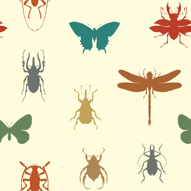 Vektori saumaton kuvio eri hyönteisten värillisillä silueteilla. Toistuva tausta perhosia, kovakuoriaisia, sudenkorento kevyellä taustalla. Lapsellinen tapetti, käärepaperi tai kangas suunnittelu - Vektori, kuva
