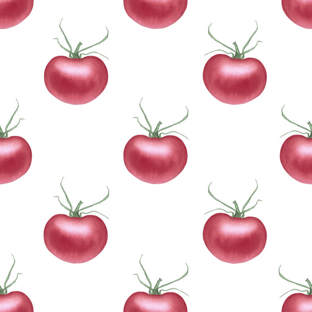 Watercolor tomatoes seamless background. Hand-drawn tomato illustration. Harvest clipart. Fresh object wallpaper. For card, wallpaper, poster, banner, restaurant menu, kitchen textile. - Foto, Imagem