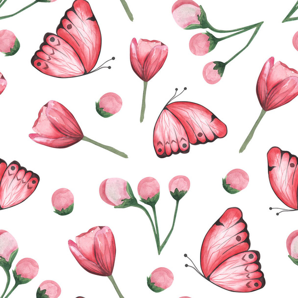 Abstract watercolor flowers seamless pattern. Floral illstration of pink red buds and leaves. Hand drawn - Fotografie, Obrázek