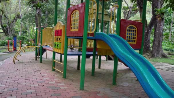 Лутунги, лангуры или сухие листовые обезьяны играют на детской площадке возле леса - Кадры, видео