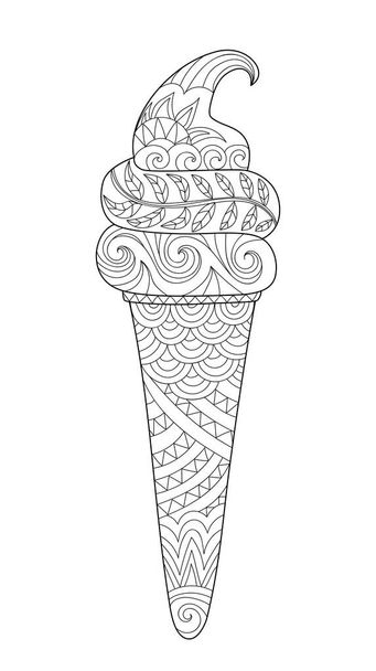 Postre de cono de helado de garabato dibujado a mano. Libro para colorear página para adultos. Estilo Zentangle - Vector, Imagen
