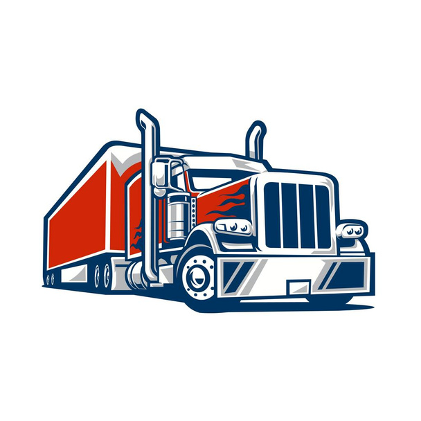 Semi camión 18 ruedas remolque cama camión gran plataforma vista lateral vector ilustración en fondo blanco. Mejor para la industria de camiones y mercancías - Foto, Imagen